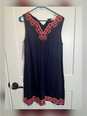 Skies Are Blue Navy Dress with Coral Embroidery